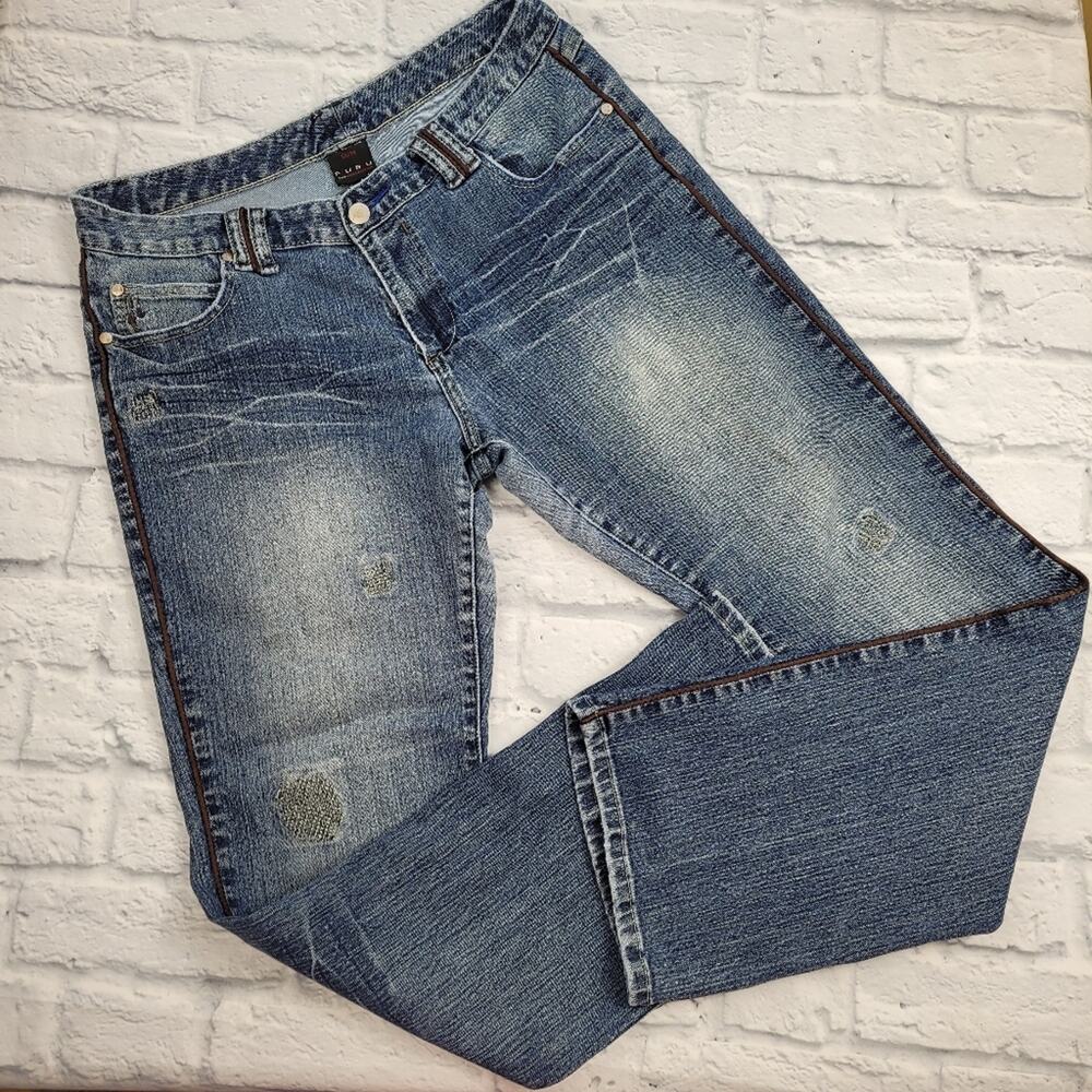 Vintage FUBU The Collection Jeans Embroidery Piping Stretch Mid Rise size 13/14